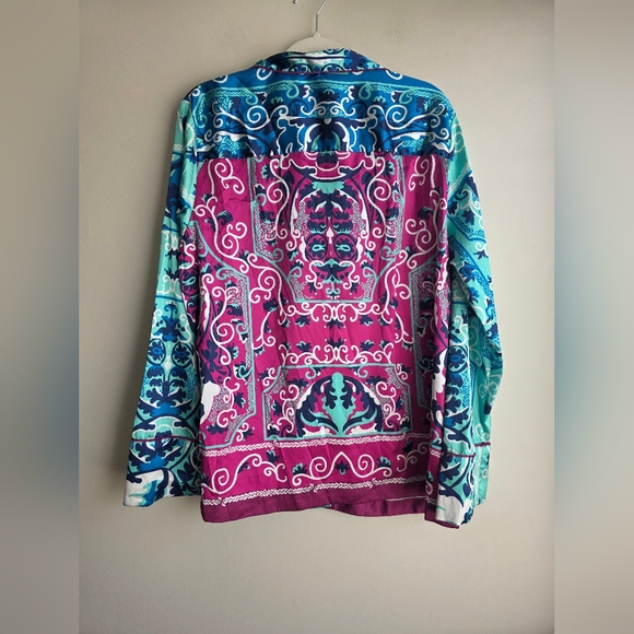 Anthropologie Two-Tone Paisley Satin Pajama Set in Teal & Magenta - Picture 5 of 11